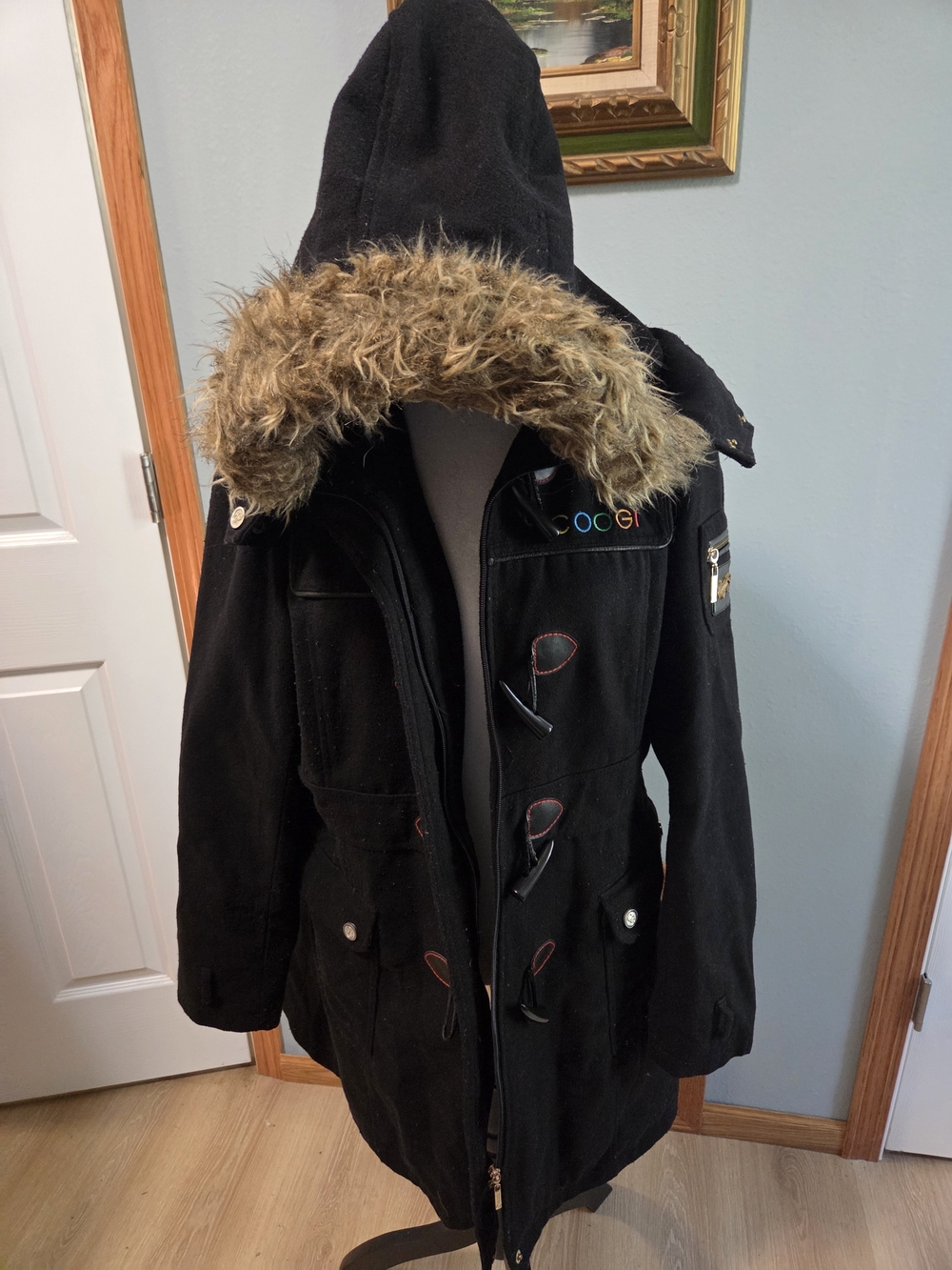 COOGI Black Hooded Parka with Faux-Fur Trim
